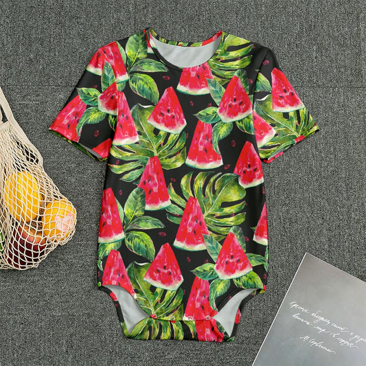 Black Palm Leaf Watermelon Pattern Print Men's Bodysuit