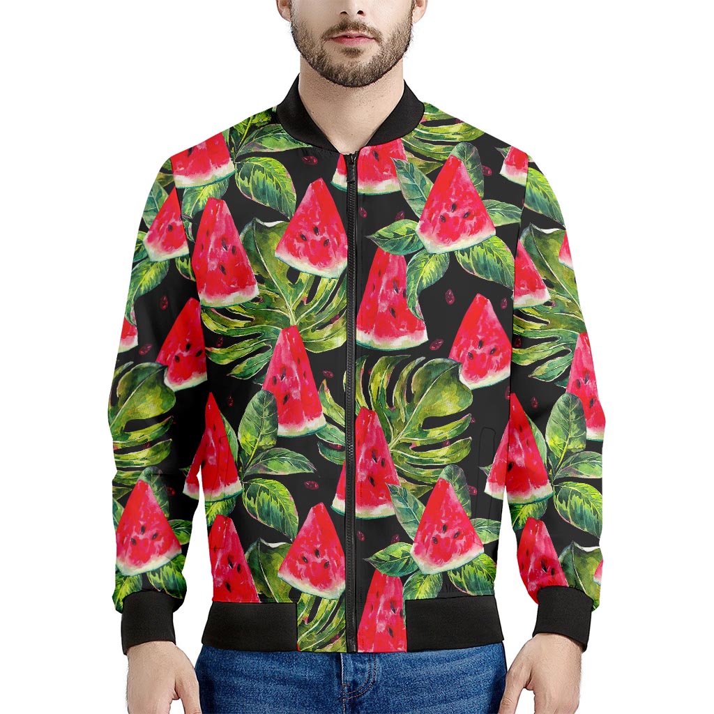 Black Palm Leaf Watermelon Pattern Print Men's Bomber Jacket
