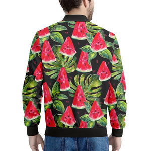 Black Palm Leaf Watermelon Pattern Print Men's Bomber Jacket