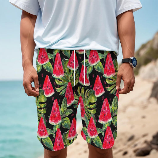 Black Palm Leaf Watermelon Pattern Print Men's Cargo Shorts