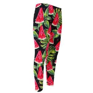 Black Palm Leaf Watermelon Pattern Print Men's Compression Pants