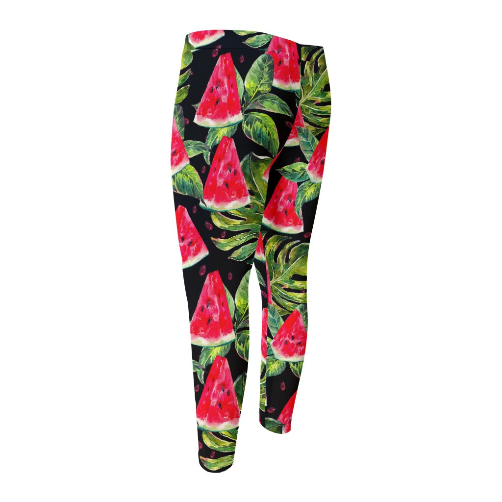Black Palm Leaf Watermelon Pattern Print Men's Compression Pants