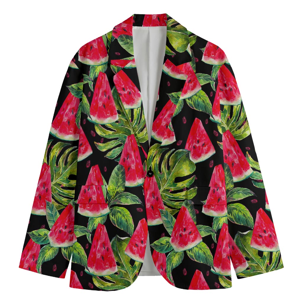 Black Palm Leaf Watermelon Pattern Print Men's Cotton Blazer