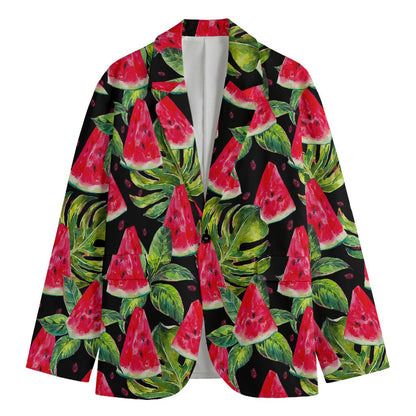 Black Palm Leaf Watermelon Pattern Print Men's Cotton Blazer