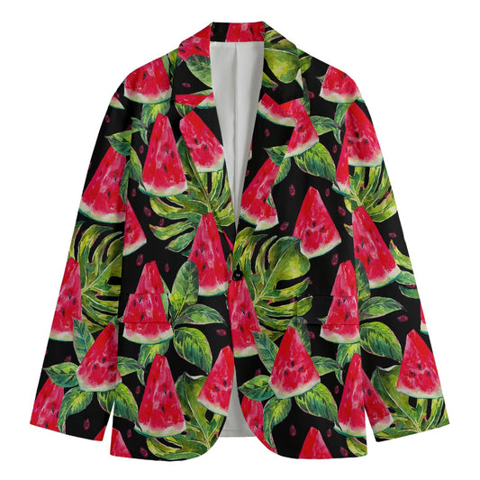 Black Palm Leaf Watermelon Pattern Print Men's Cotton Blazer