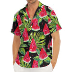 Black Palm Leaf Watermelon Pattern Print Men's Deep V-Neck Shirt