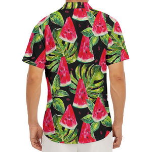 Black Palm Leaf Watermelon Pattern Print Men's Deep V-Neck Shirt