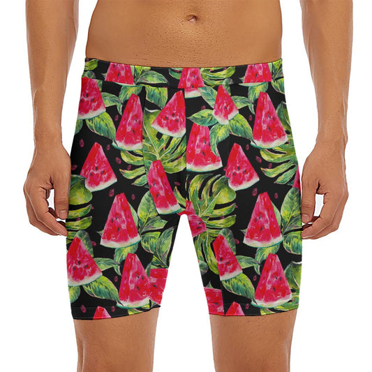 Black Palm Leaf Watermelon Pattern Print Men's Long Boxer Briefs