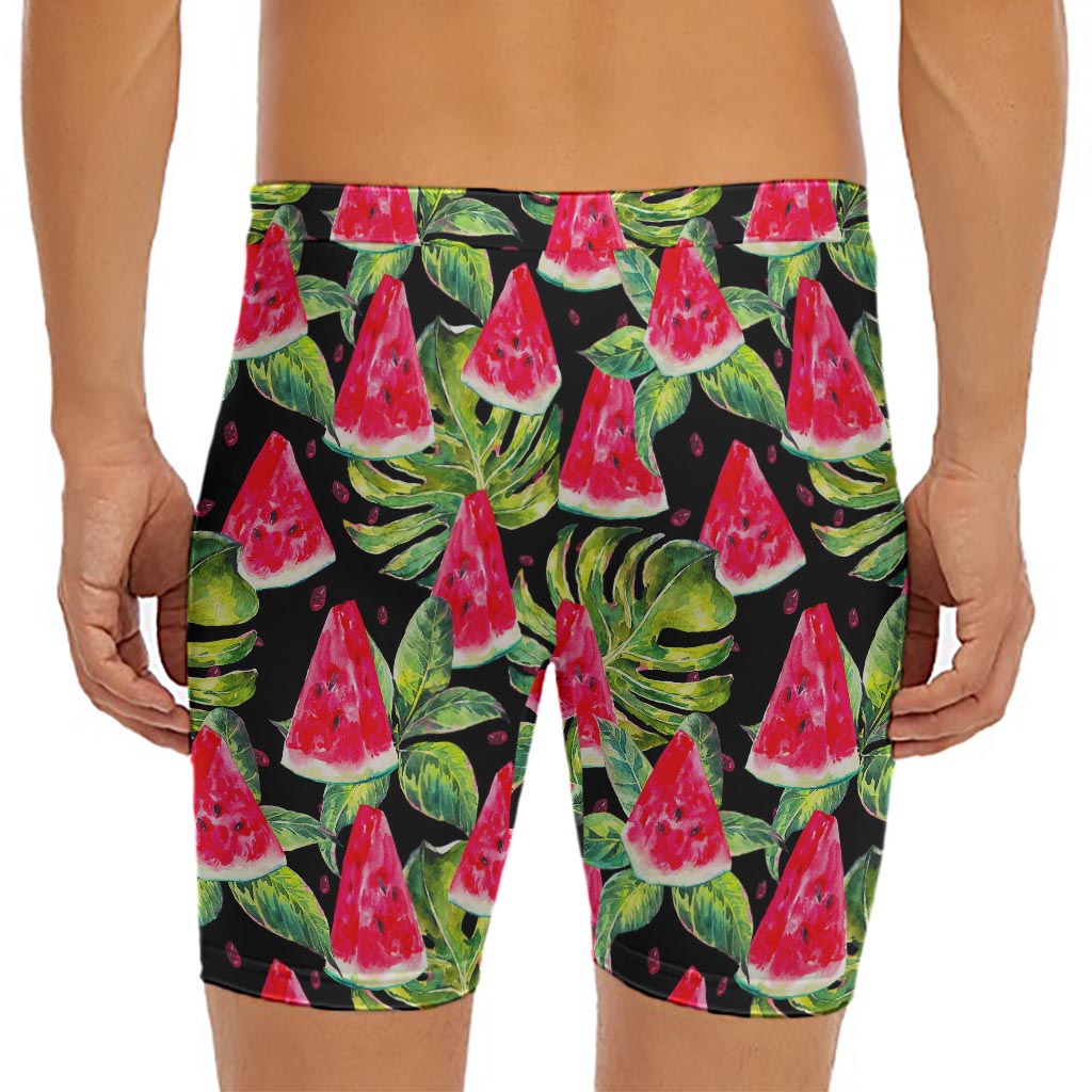 Black Palm Leaf Watermelon Pattern Print Men's Long Boxer Briefs