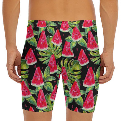 Black Palm Leaf Watermelon Pattern Print Men's Long Boxer Briefs