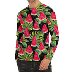 Black Palm Leaf Watermelon Pattern Print Men's Long Sleeve Rash Guard