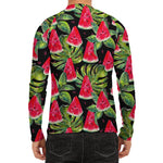 Black Palm Leaf Watermelon Pattern Print Men's Long Sleeve Rash Guard