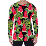Black Palm Leaf Watermelon Pattern Print Men's Long Sleeve T-Shirt