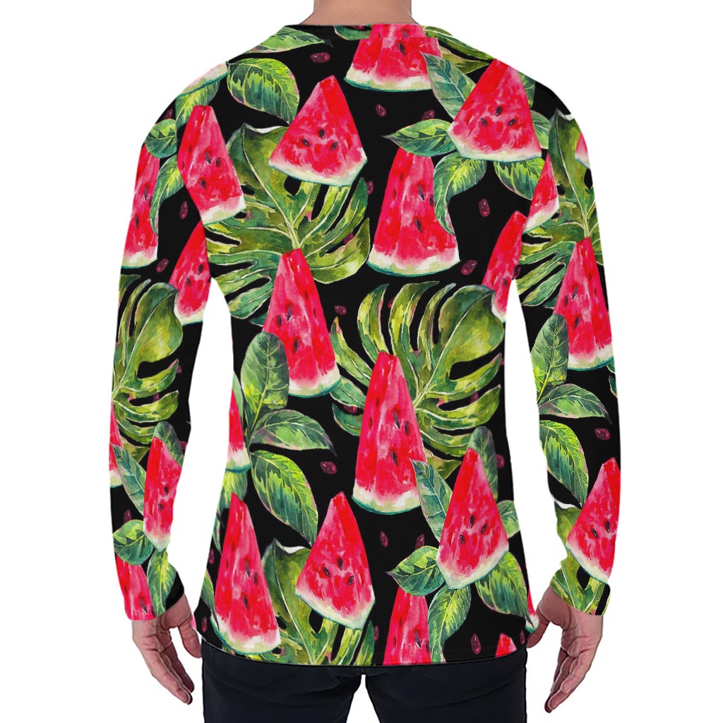 Black Palm Leaf Watermelon Pattern Print Men's Long Sleeve T-Shirt