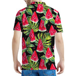 Black Palm Leaf Watermelon Pattern Print Men's Polo Shirt