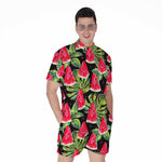 Black Palm Leaf Watermelon Pattern Print Men's Rompers