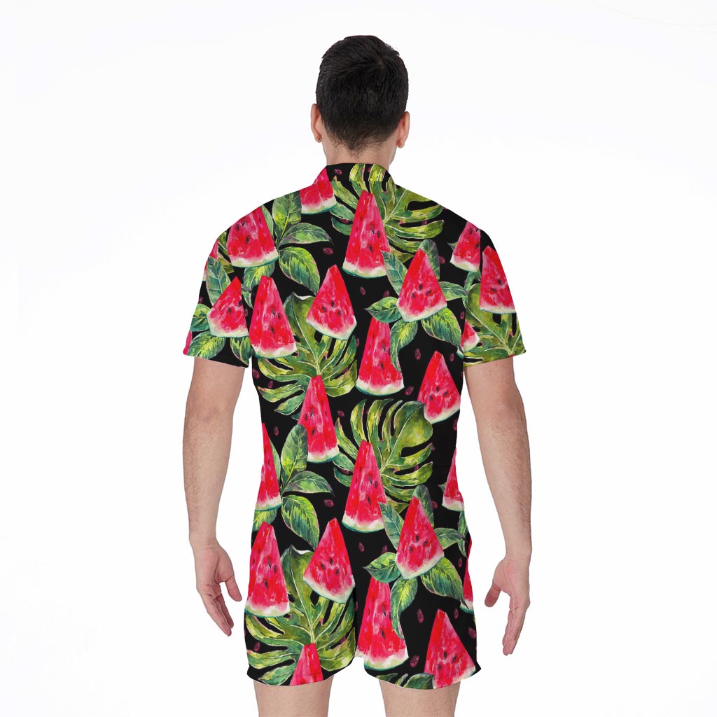 Black Palm Leaf Watermelon Pattern Print Men's Rompers