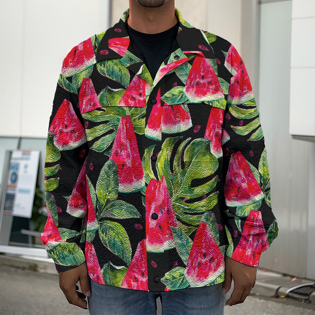 Black Palm Leaf Watermelon Pattern Print Men's Shirt Jacket