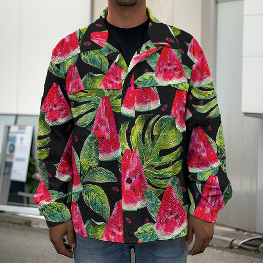 Black Palm Leaf Watermelon Pattern Print Men's Shirt Jacket