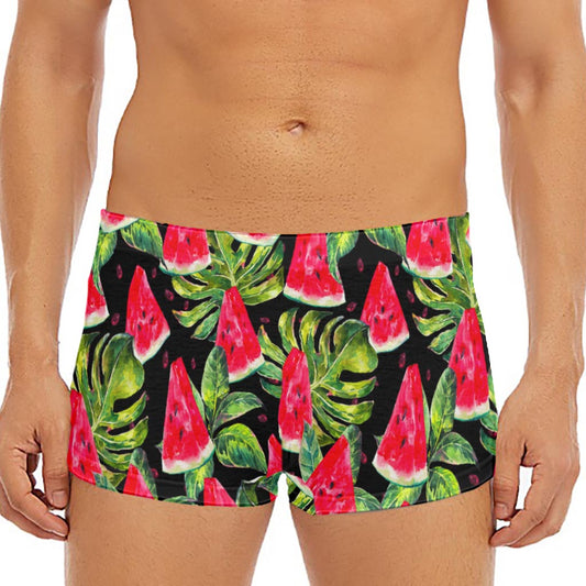 Black Palm Leaf Watermelon Pattern Print Men's Short Boxer Briefs