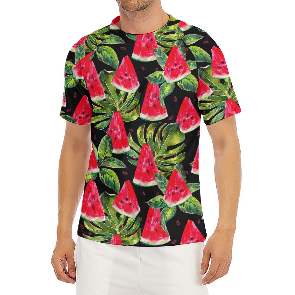 Black Palm Leaf Watermelon Pattern Print Men's Short Sleeve Rash Guard