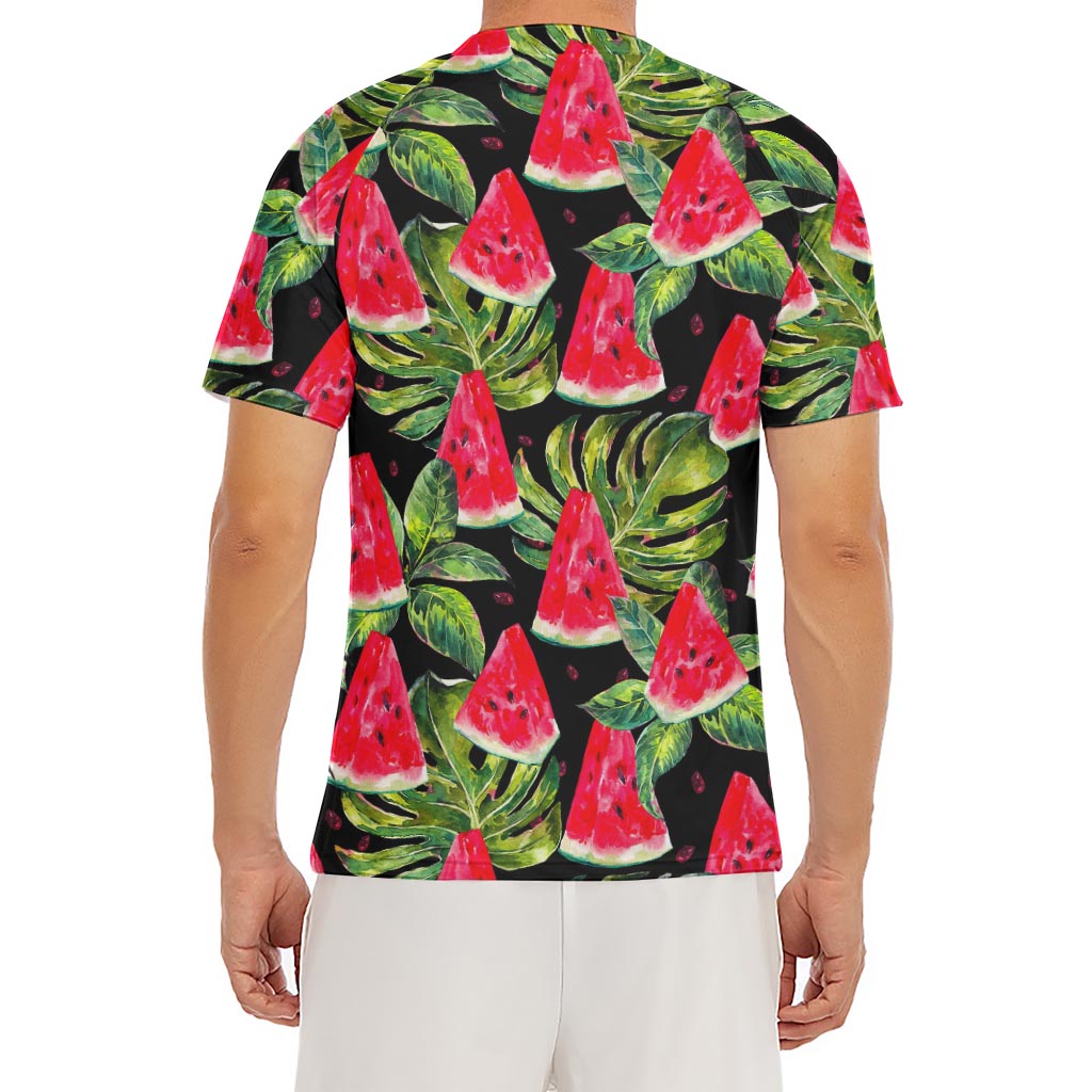 Black Palm Leaf Watermelon Pattern Print Men's Short Sleeve Rash Guard