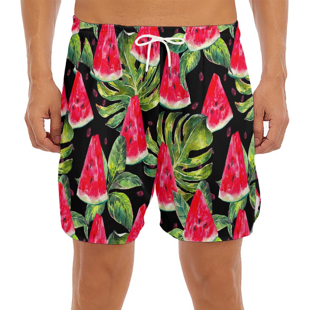 Black Palm Leaf Watermelon Pattern Print Men's Split Running Shorts