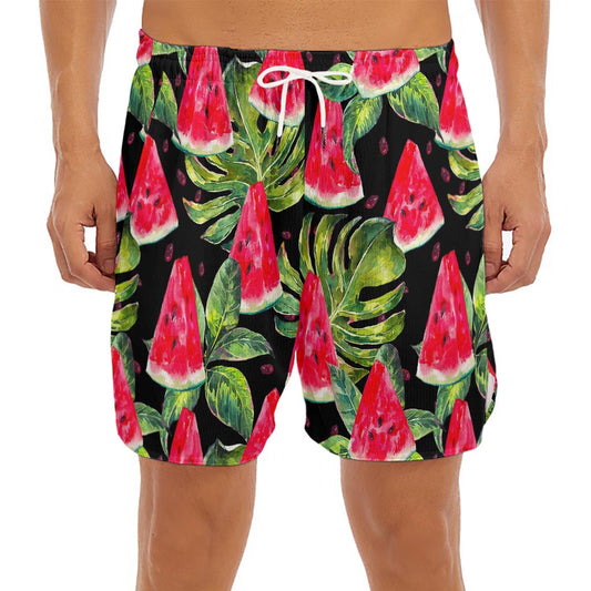 Black Palm Leaf Watermelon Pattern Print Men's Split Running Shorts