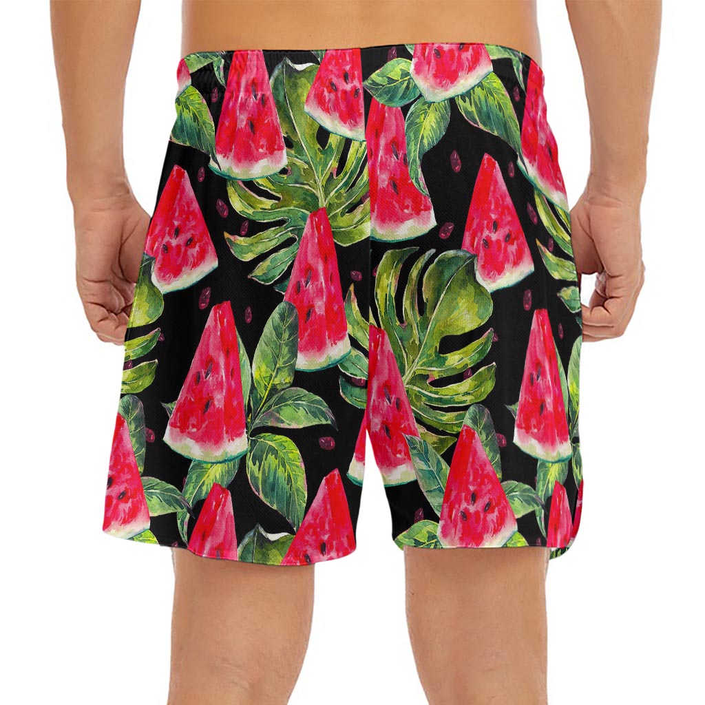 Black Palm Leaf Watermelon Pattern Print Men's Split Running Shorts