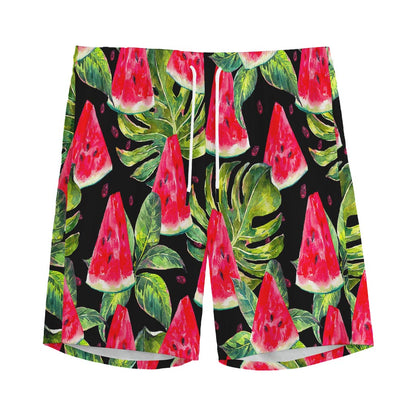Black Palm Leaf Watermelon Pattern Print Men's Sports Shorts