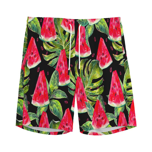 Black Palm Leaf Watermelon Pattern Print Men's Sports Shorts