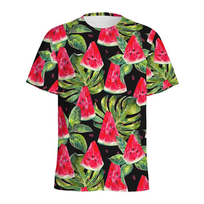 Black Palm Leaf Watermelon Pattern Print Men's Sports T-Shirt