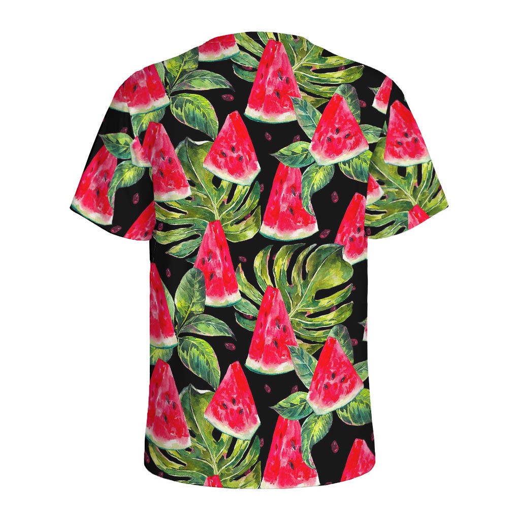 Black Palm Leaf Watermelon Pattern Print Men's Sports T-Shirt