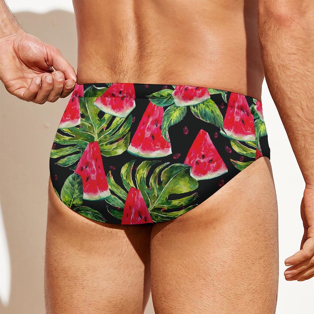 Black Palm Leaf Watermelon Pattern Print Men's Swim Briefs
