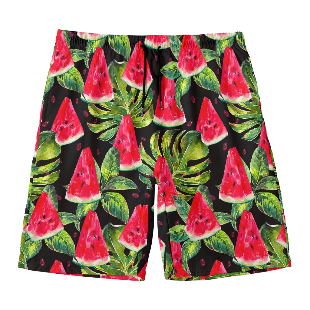 Black Palm Leaf Watermelon Pattern Print Men's Swim Trunks