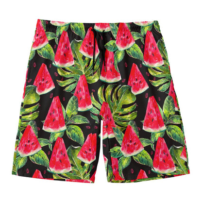 Black Palm Leaf Watermelon Pattern Print Men's Swim Trunks