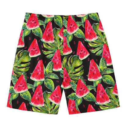 Black Palm Leaf Watermelon Pattern Print Men's Swim Trunks