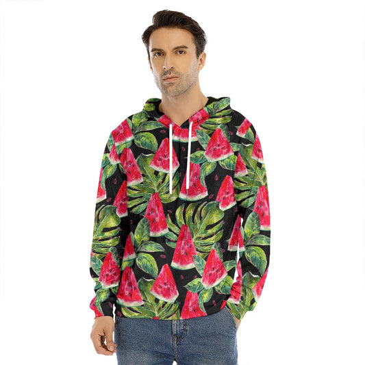 Black Palm Leaf Watermelon Pattern Print Men's Velvet Pullover Hoodie