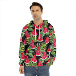 Black Palm Leaf Watermelon Pattern Print Men's Velvet Pullover Hoodie