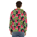Black Palm Leaf Watermelon Pattern Print Men's Velvet Pullover Hoodie