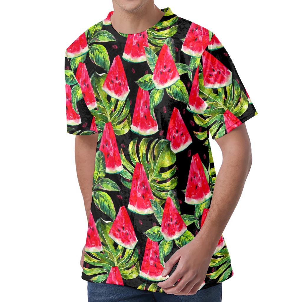 Black Palm Leaf Watermelon Pattern Print Men's Velvet T-Shirt