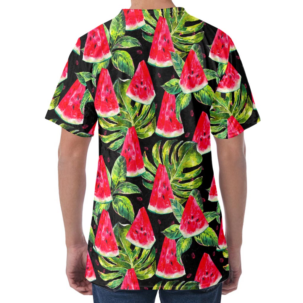 Black Palm Leaf Watermelon Pattern Print Men's Velvet T-Shirt