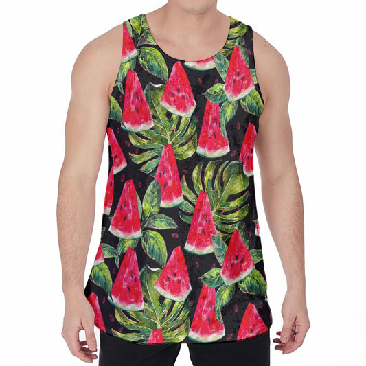 Black Palm Leaf Watermelon Pattern Print Men's Velvet Tank Top