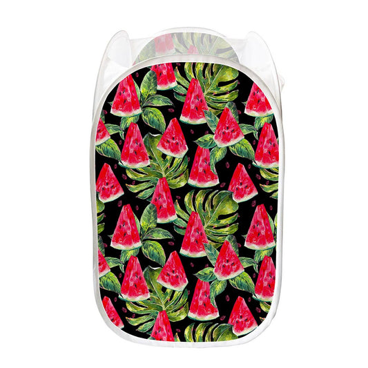 Black Palm Leaf Watermelon Pattern Print Mesh Laundry Hamper