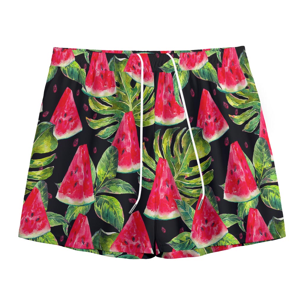Black Palm Leaf Watermelon Pattern Print Mesh Shorts
