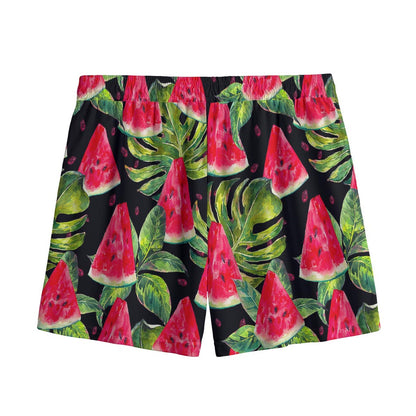 Black Palm Leaf Watermelon Pattern Print Mesh Shorts