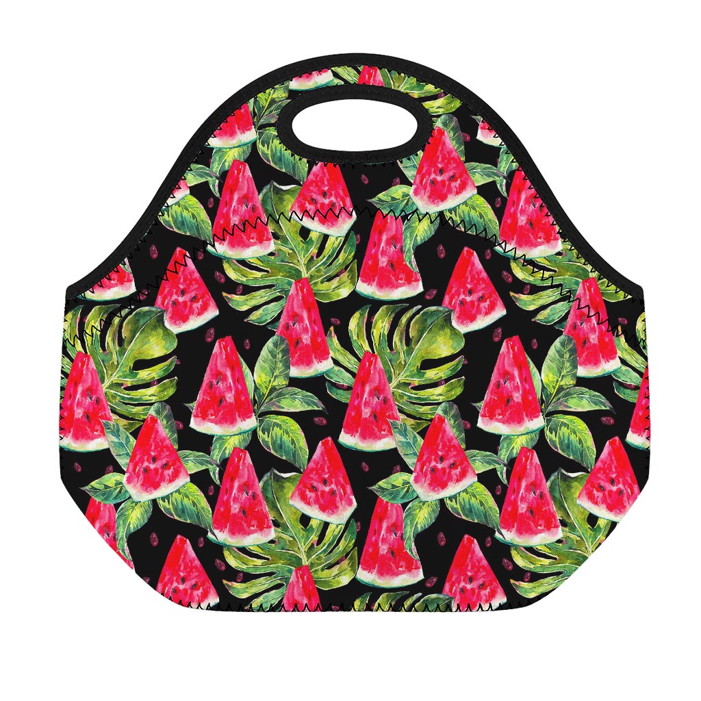 Black Palm Leaf Watermelon Pattern Print Neoprene Lunch Bag