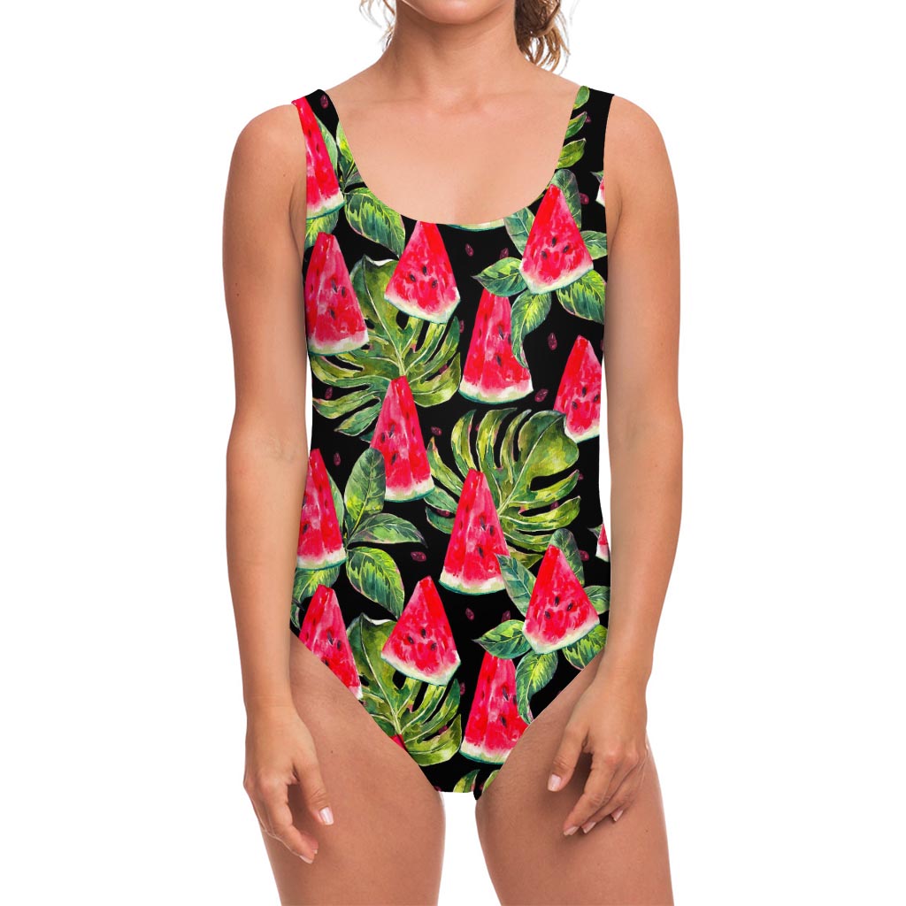 Black Palm Leaf Watermelon Pattern Print One Piece Swimsuit