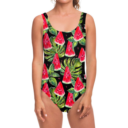 Black Palm Leaf Watermelon Pattern Print One Piece Swimsuit