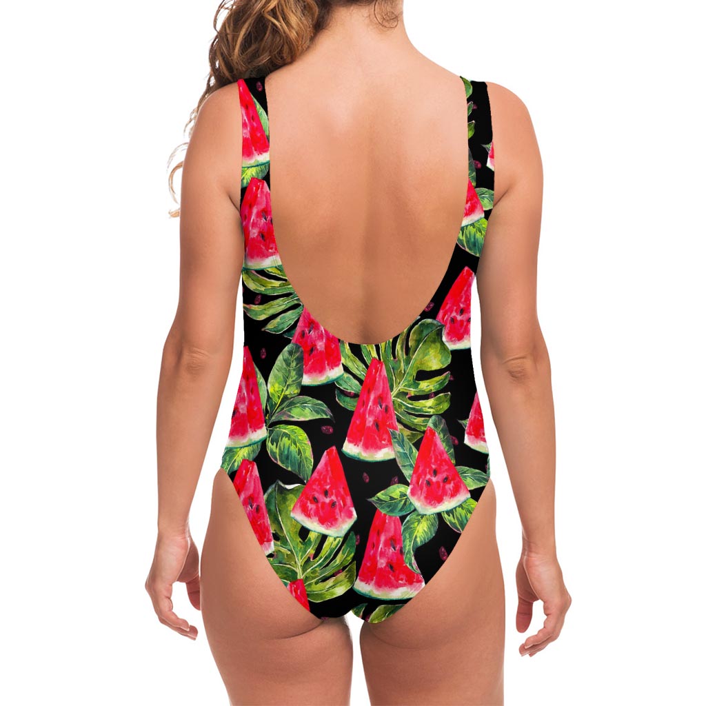 Black Palm Leaf Watermelon Pattern Print One Piece Swimsuit